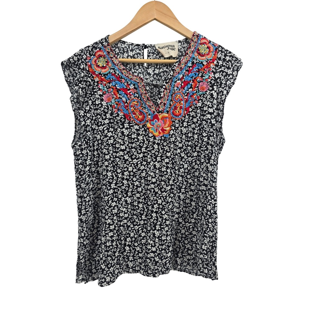 Savanna Jane Top Womens Large Floral Embroidered Sleeveless Black EUC